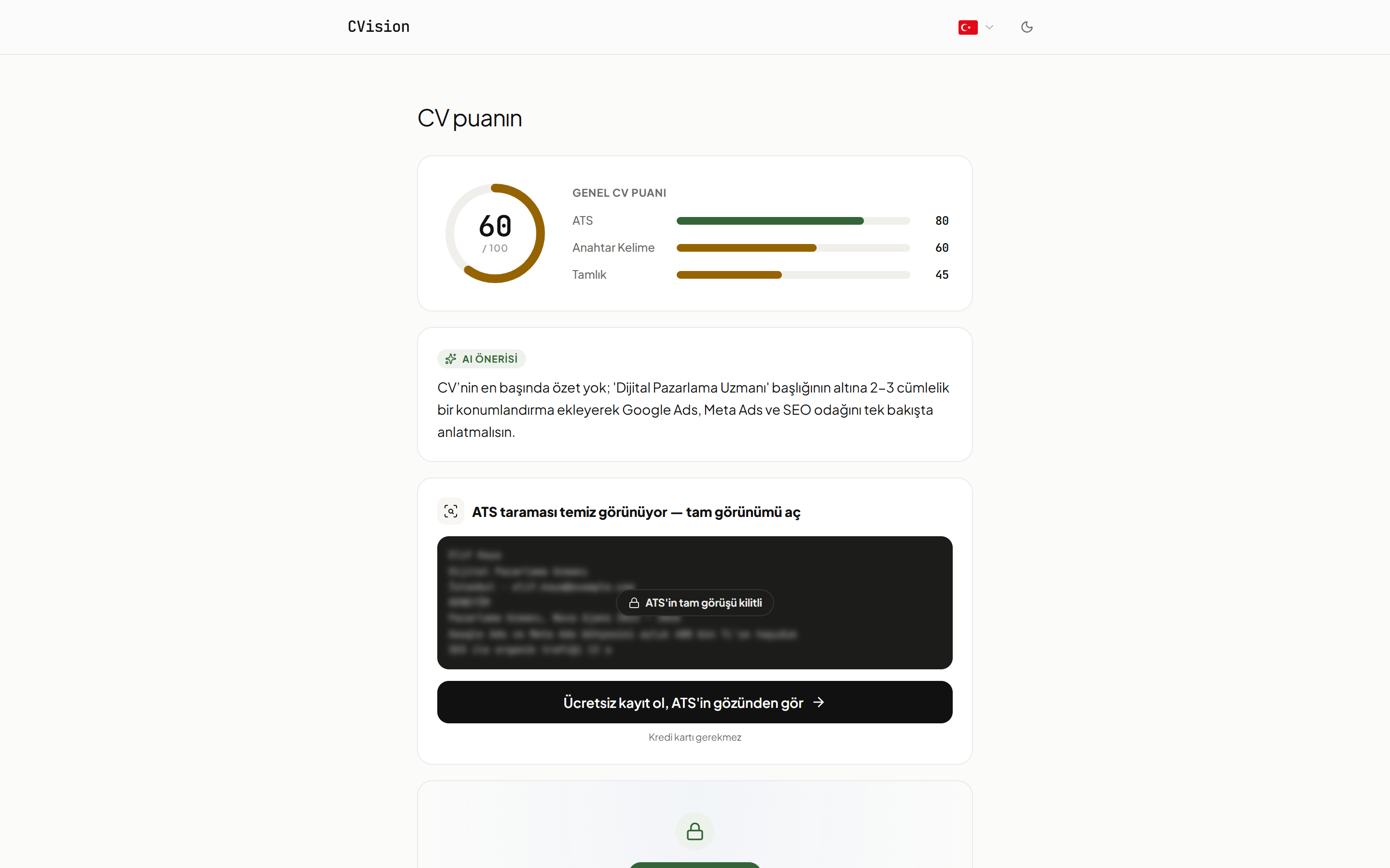 CVision puan sonucu ekranı